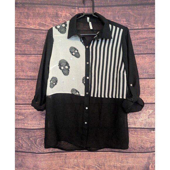 Live 4 Truth Tops - Live‎ 4 Truth Black White Sheer Blouse Skulls Stripes Square Buttons Size M